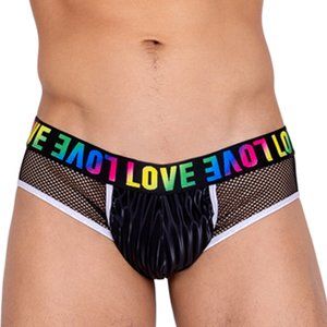 Rainbow LOVE Print Briefs with Fishnet Sides and Contrast Trim